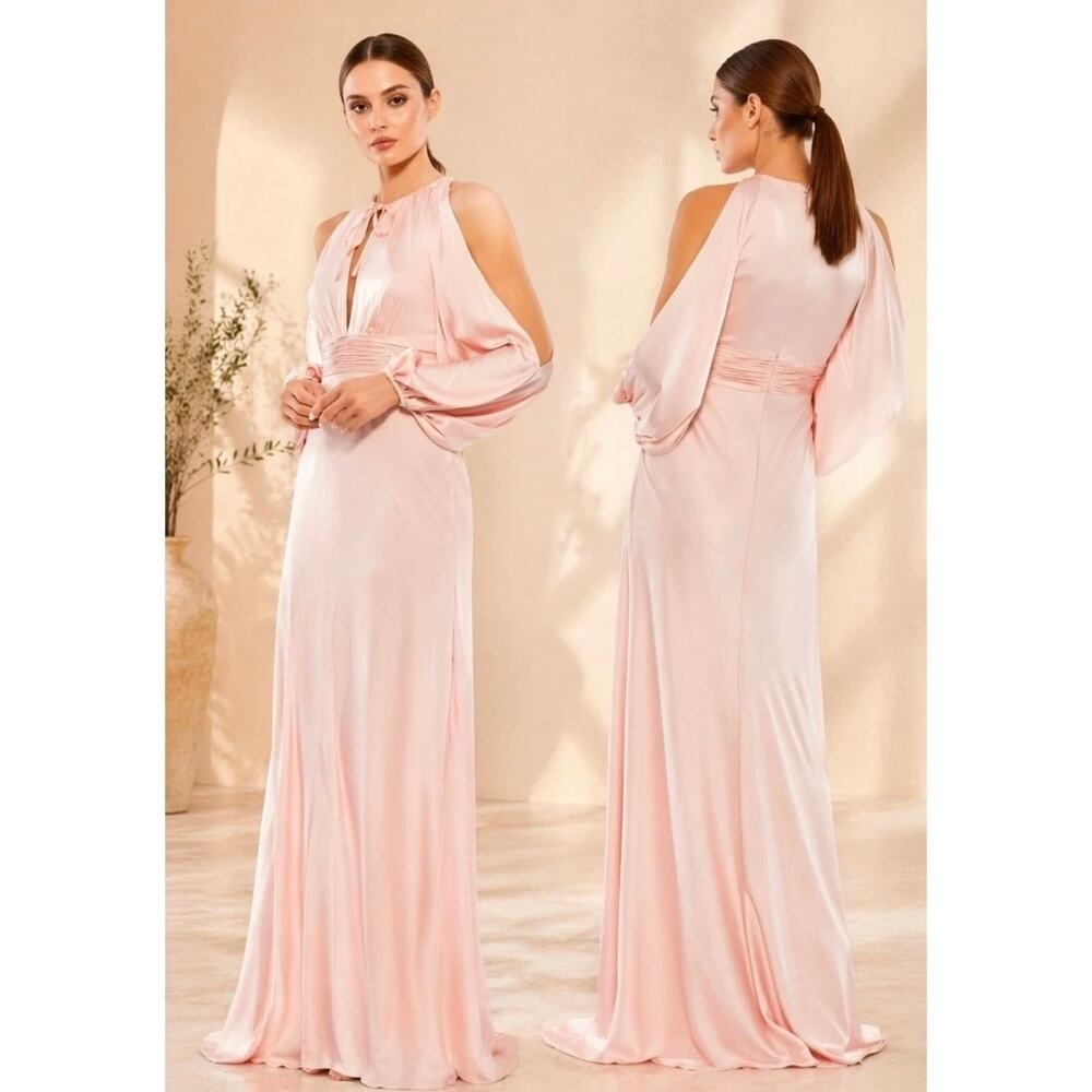 Mac Duggal Long Sleeve Cold Shoulder Plunging Keyhole Neck Gown Pink Size 4 New